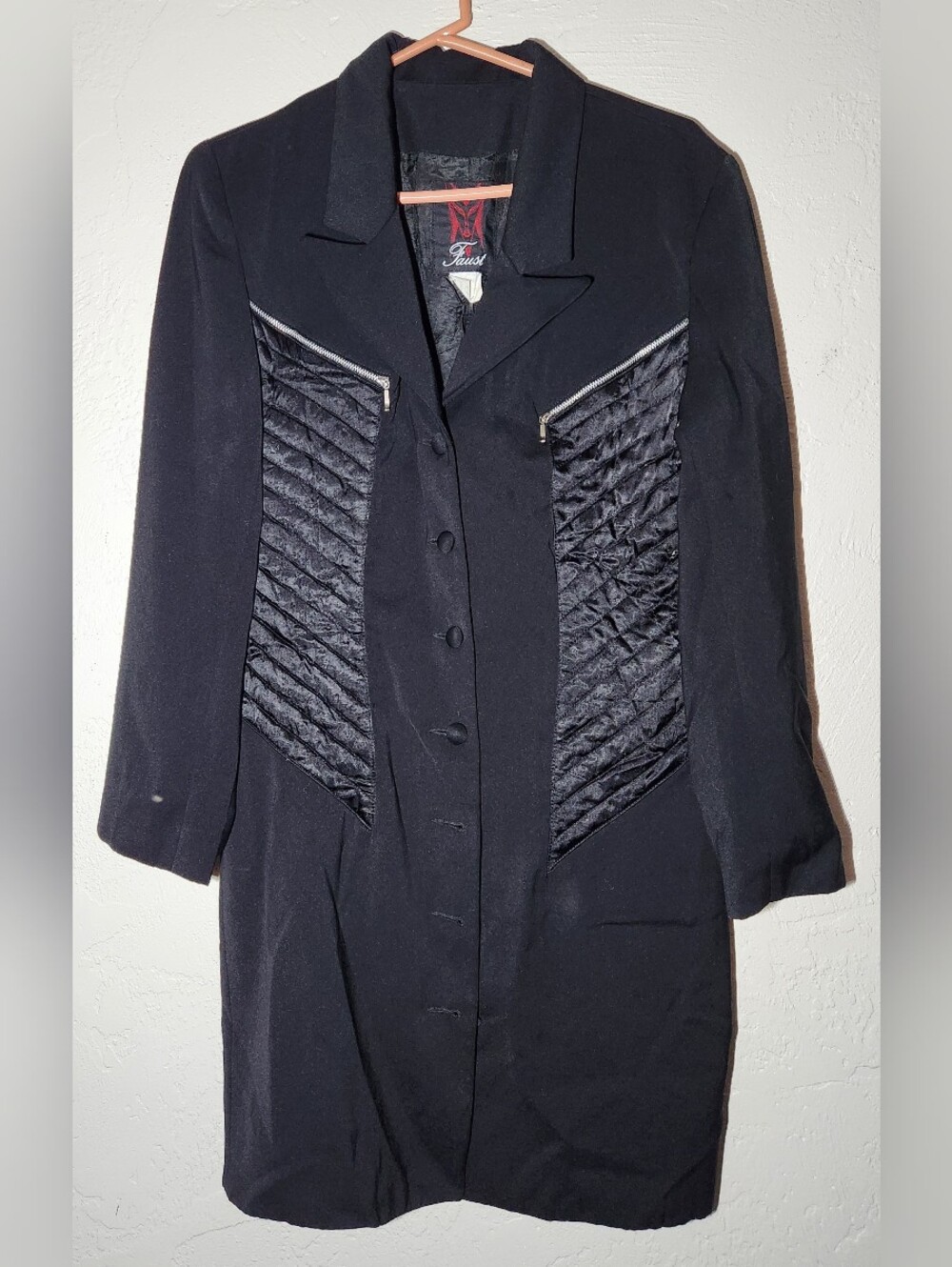 Faust Paris Couture Womens Size 10/12 Tall Black Quilted-Panel Trench Coat